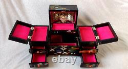 Japanese Black Lacquer Abalone Trinket Box Music Dancing Doll & Mirror 16.5x35cm