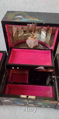 Japanese Black Lacquer Abalone Trinket Box Music Dancing Doll & Mirror 16.5x35cm