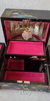 Japanese Black Lacquer Abalone Trinket Box Music Dancing Doll & Mirror 16.5x35cm