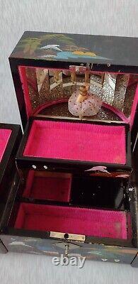 Japanese Black Lacquer Abalone Trinket Box Music Dancing Doll & Mirror 16.5x35cm