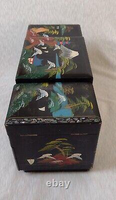 Japanese Black Lacquer Abalone Trinket Box Music Dancing Doll & Mirror 16.5x35cm