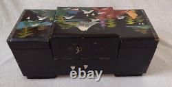 Japanese Black Lacquer Abalone Trinket Box Music Dancing Doll & Mirror 16.5x35cm