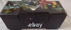 Japanese Black Lacquer Abalone Trinket Box Music Dancing Doll & Mirror 16.5x35cm