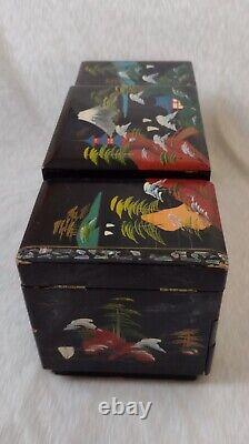 Japanese Black Lacquer Abalone Trinket Box Music Dancing Doll & Mirror 16.5x35cm