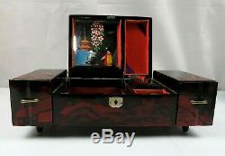 Japanese Vintage Jewelry & Music Box Hand Painted Wood with Mother of Pearl Inlay