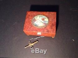 Key-wind Music Box 1800's Wood with hand painted insert on top