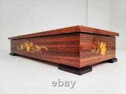 Large Italian Jewelry Music Box With Inlaid Wood & Swiss Reuge Movement Floral