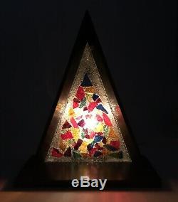 MID-CENTURY Stained Glass Triangle Wood Accent Table Lamp Nightlight Music Box