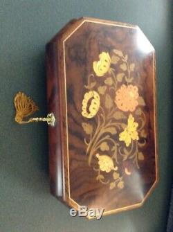 Mapsa Italian Wood Swiss Music Box Inlaid Wood Floral Detail Plays Edelweiss