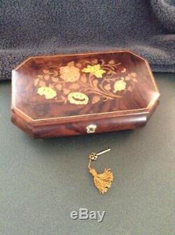 Mapsa Italian Wood Swiss Music Box Inlaid Wood Floral Detail Plays Edelweiss