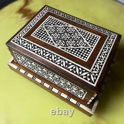 Mid-Century Wooden Music Box Mother of Pearl Inlay, Expandable Design