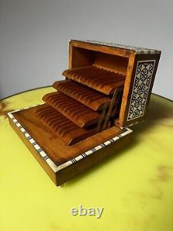 Mid-Century Wooden Music Box Mother of Pearl Inlay, Expandable Design