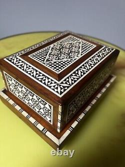 Mid-Century Wooden Music Box Mother of Pearl Inlay, Expandable Design