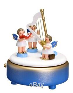 Music Box Blue 3 Angel Colourful and Harp 15cm Music Box New Seiffen Christmas