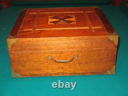 Music Box Record Case Mahogany Wood 1890s Antique Primitive Brass Hardware Inlay