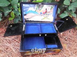 Music Box Vintage Wood Black Enamel with Inlay of Pearl Plays music Handpainted