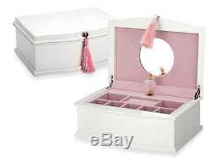 Musical Ballerina Jewelry Box, White Storage Display Chest Wood Organizer, Girls