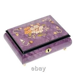 Ornate Floral Design Purple Italian Hand Crafted Inlaid Wood Jewelry Music Box