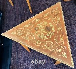 Pair of Vintage Triangular Marquetry Inlaid Tables with Reuge Music Box