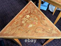 Pair of Vintage Triangular Marquetry Inlaid Tables with Reuge Music Box