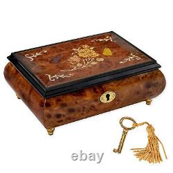 Pale Butterfly Floral Inlaid Wood Jewelry Music Box Plays Tune Edelweiss