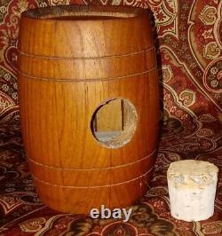 RAINIER Wooden BEER Barrel Bank & Music Box Cork Barware 5.25 Tall RARE Wood