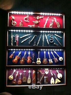 RARE Collection of miniature musical instruments w wood shadow box and LED