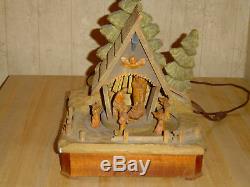 RARE Vintage Anri Italy Hand-Carved Wood Lighted Moving Nativity Scene Music Box