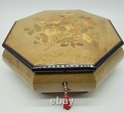 REUGE ITALY OCTAGON FLORAL WOOD INLAY JEWELRY / MUSIC BOX with KEY MY WAY