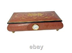 REUGE Intarsitalia ITALY JEWELRY MUSIC BOX Flower Inlaid Wood Quartz Clock VIDEO