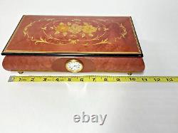 REUGE Intarsitalia ITALY JEWELRY MUSIC BOX Flower Inlaid Wood Quartz Clock VIDEO