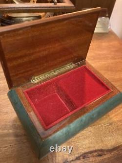 REUGE Music Box Green Wooden Floral Engraved Antique Swiss Vintage Decor