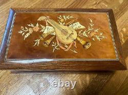 REUGE Swiss Burl Wood Mandolin Inlay Music Jewelry Box Symphonie No. 5 Italy