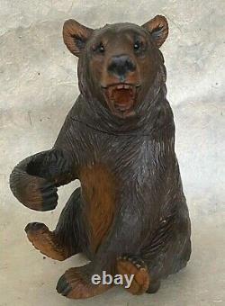 Rare BEAR TOBACCO JAR MUSIC BOX Black Forest Figural Wood Carved Humidor c. 1950