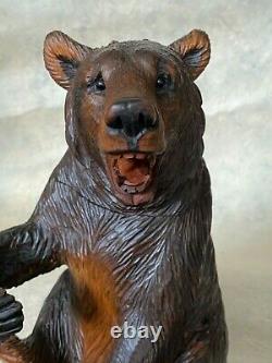 Rare BEAR TOBACCO JAR MUSIC BOX Black Forest Figural Wood Carved Humidor c. 1950