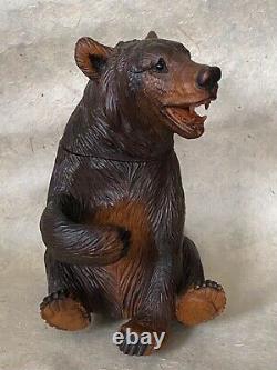 Rare BEAR TOBACCO JAR MUSIC BOX Black Forest Figural Wood Carved Humidor c. 1950