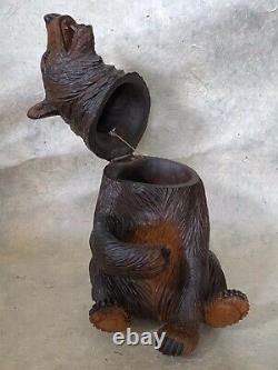 Rare BEAR TOBACCO JAR MUSIC BOX Black Forest Figural Wood Carved Humidor c. 1950