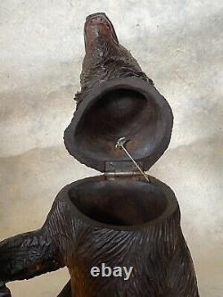 Rare BEAR TOBACCO JAR MUSIC BOX Black Forest Figural Wood Carved Humidor c. 1950