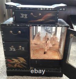 Rare Large Vintage Chinese Black Lacquered Musical Ballerina Jewellery Box