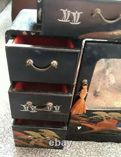 Rare Large Vintage Chinese Black Lacquered Musical Ballerina Jewellery Box