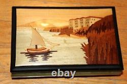 Rare Sail Boat Inlaid Wood Italy Jewelry Music Box plays Torna A Surriento