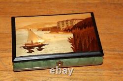 Rare Sail Boat Inlaid Wood Italy Jewelry Music Box plays Torna A Surriento