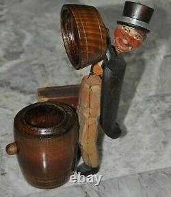 Rare Vintage Italian Anri Carved Mechanical Wood Bar Set Musical Box Gentleman