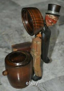Rare Vintage Italian Anri Carved Mechanical Wood Bar Set Musical Box Gentleman