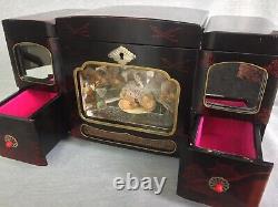 Rare Vintage Light Up Musical Ballerina Japanese Jewellery Box Black Red Lacquer