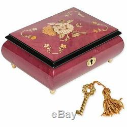 Red Italian Hand Crafted Inlaid Wood Music Box Plays Musical Tune Polonaise