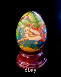 Reuge H/P Egg Music Box Tchaikovsky's Swan Lake Rotating Wood Base. SEE VIDEO