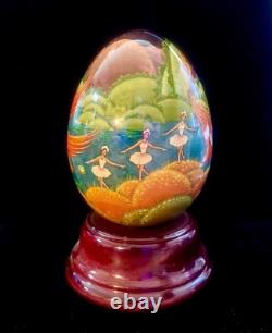 Reuge H/P Egg Music Box Tchaikovsky's Swan Lake Rotating Wood Base. SEE VIDEO