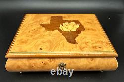 Reuge ITALY Wood Music Jewelry Box TEXAS STATE INLAY FOOTED YELLOW ROSE OF TEXAS