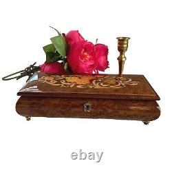 Reuge Italian Lacquered Wood Floral Footed Music Box Jewelery Box
